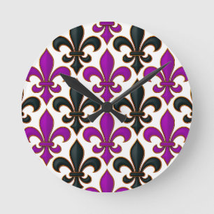 Purple Black Baroque Fleur-de-lis Pattern Design Round Clock