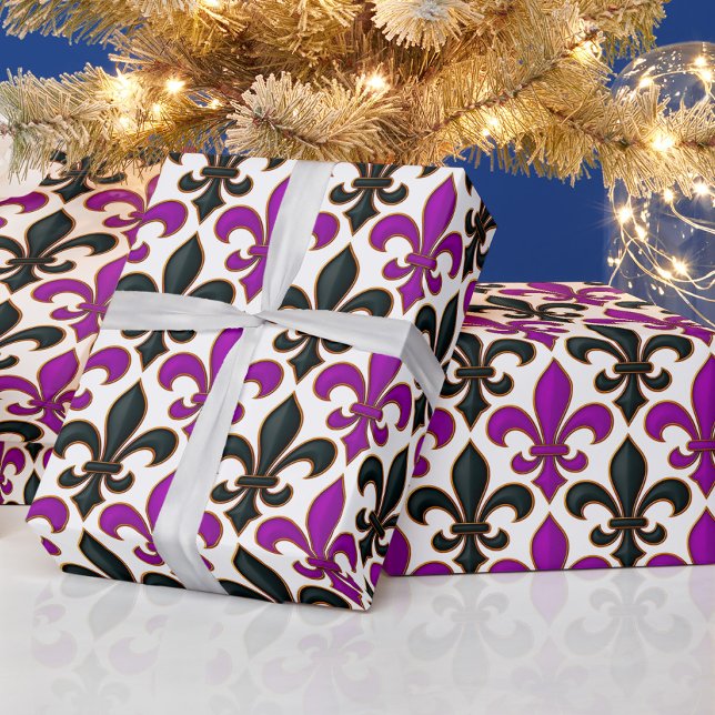 Purple Black Baroque Fleur-de-lis Pattern Design  Wrapping Paper (Creator Uploaded)