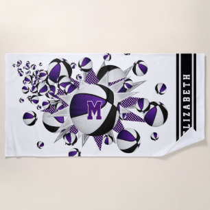 purple black basketballs stars girls monogrammed beach towel