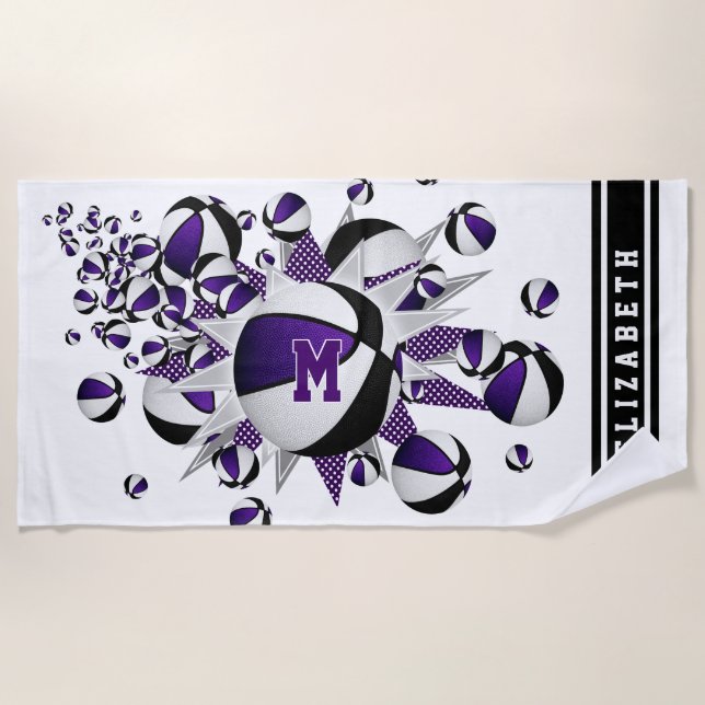 purple black basketballs stars girls monogrammed beach towel (Front)
