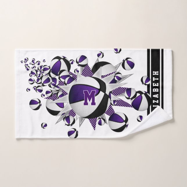 purple black basketballs stars girls monogrammed hand towel (Hand Towel)