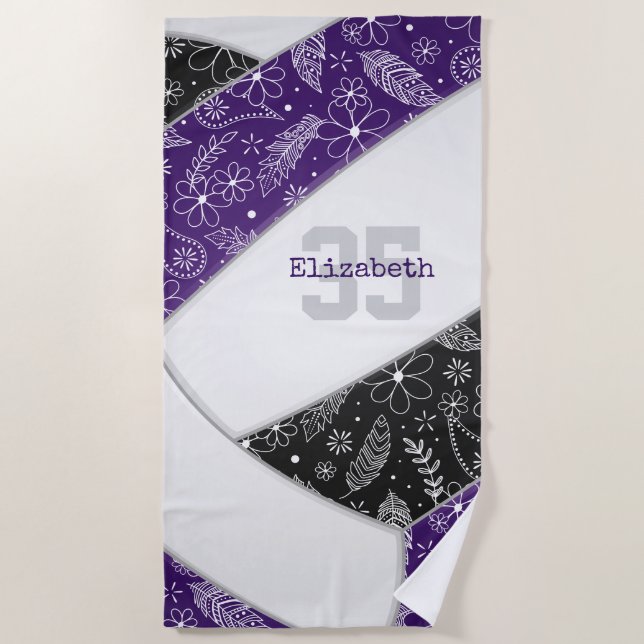 purple black boho floral paisley girls volleyball beach towel (Front)