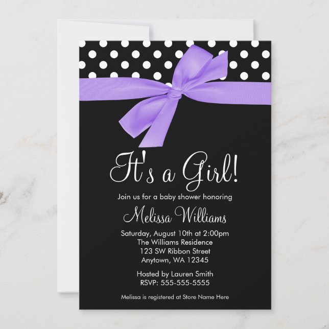 Purple Black Bow Polka Dot Baby Shower Invitations (Front)