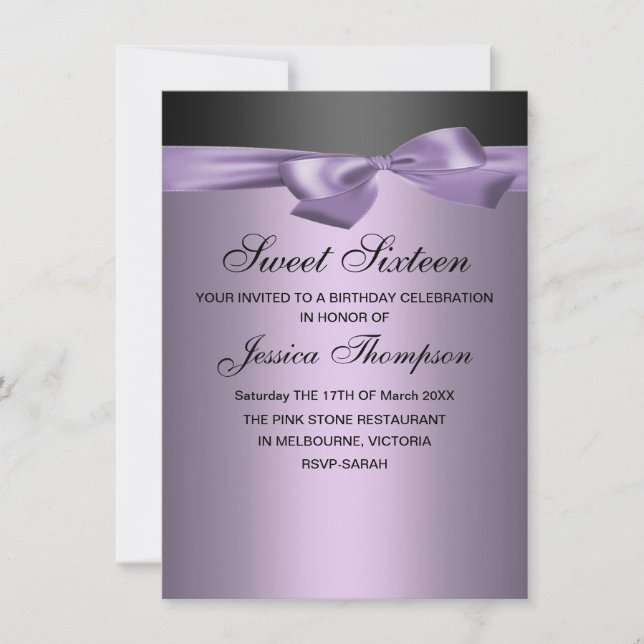 Purple & Black Bow Sweet 16 Birthday Invitation (Front)
