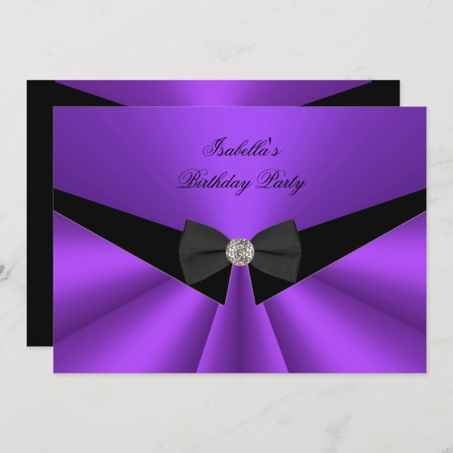 Purple Black Bow Tie Birthday Party Diamond 2 Invitation (Front/Back)