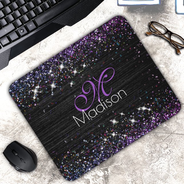 Purple black brushed metal glitter monogram mouse mat (Creator Uploaded)