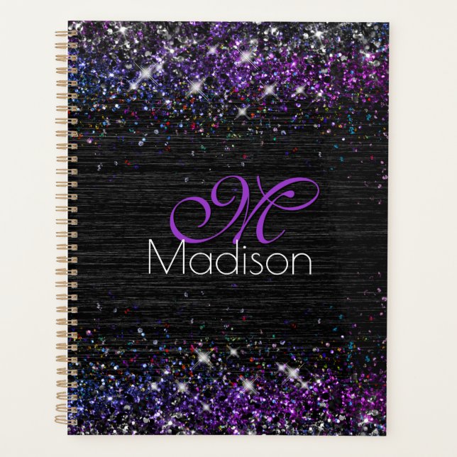Purple black brushed metal glitter monogram planner (Front)
