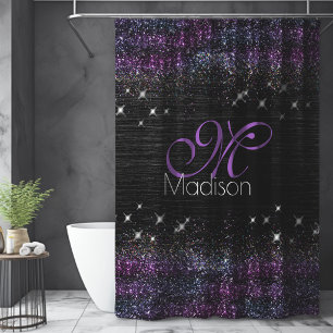 Purple black brushed metal glitter monogram shower curtain