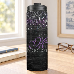 Purple black brushed metal glitter monogram thermal tumbler
