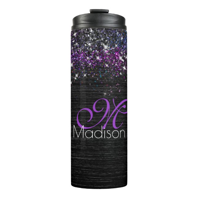 Purple black brushed metal glitter monogram thermal tumbler (Front)