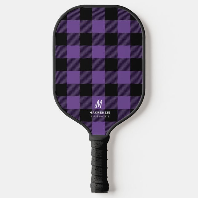Purple Black Buffalo Plaid Monogrammed Pickleball Paddle (Front)
