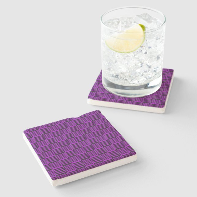 Purple & Black Buffalo Plaid & Stripes | Stone Coaster (Side)