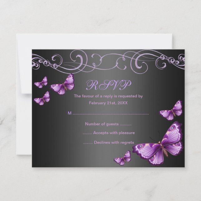 Purple/Black Butterfly Birthday RSVP Card (Front)