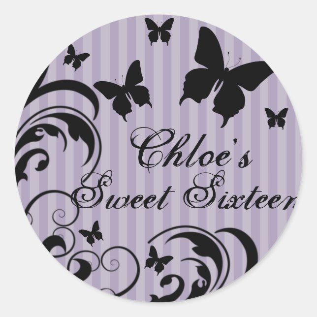 Purple & Black Butterfly Sweet 16 Sticker (Front)