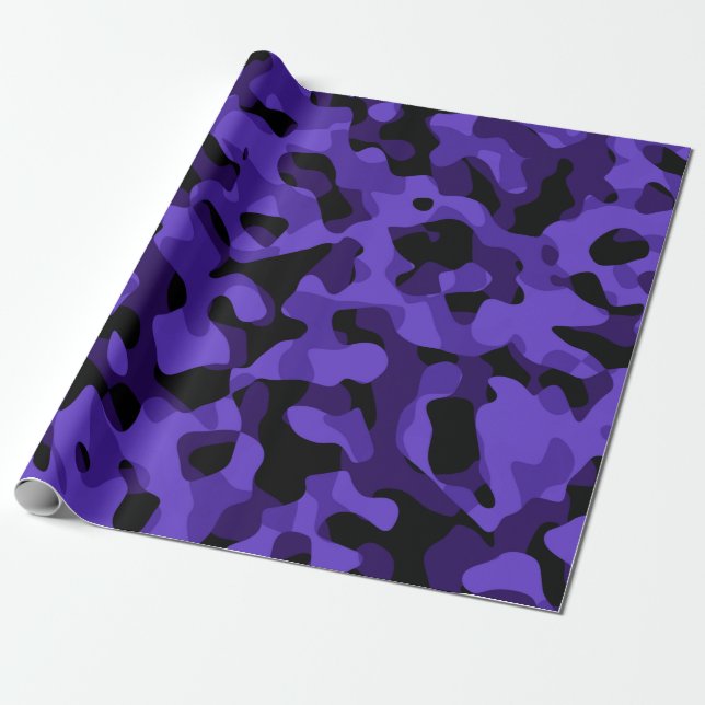 Purple Black Camouflage Print Pattern Wrapping Paper (Unrolled)