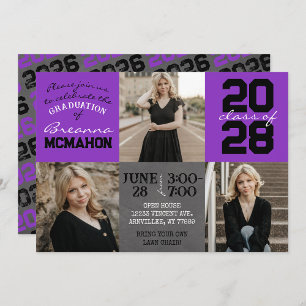 Purple & Black Chalkboard 3 Photo Graduation Invitation