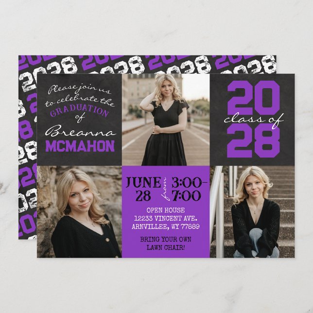 Purple & Black Chalkboard 3 Photo Graduation Invitation (Creator Uploaded)