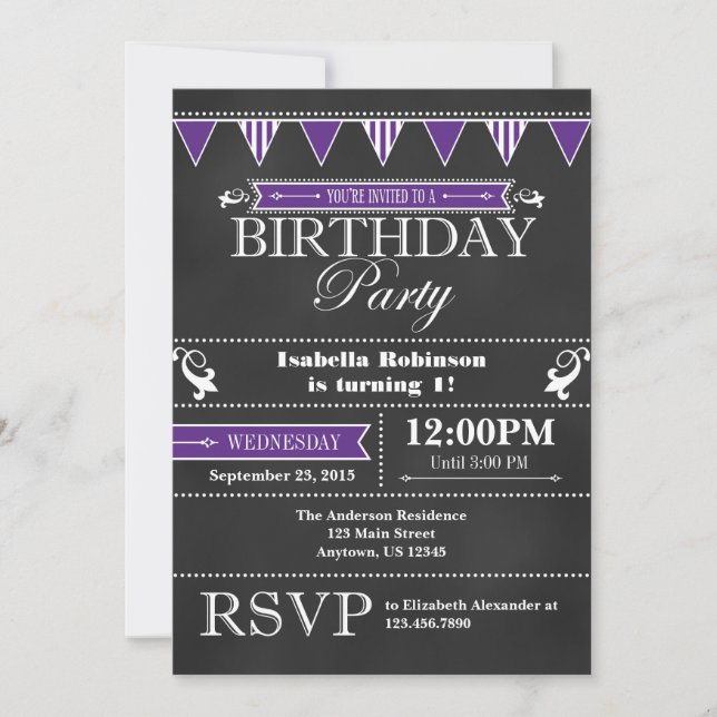 Purple Black Chalkboard Birthday Invitation (Front)