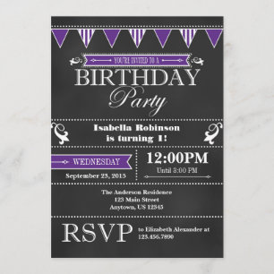 Purple Black Chalkboard Birthday Invitation