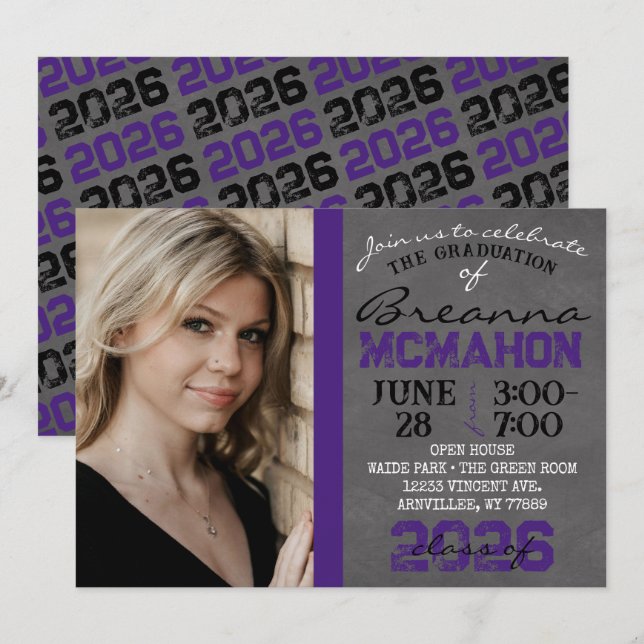 Purple & Black Chalkboard Graduation Invitation (Front/Back)