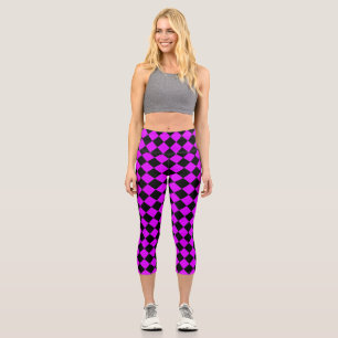 Purple Black Chequered Diamond Pattern Capri Leggings