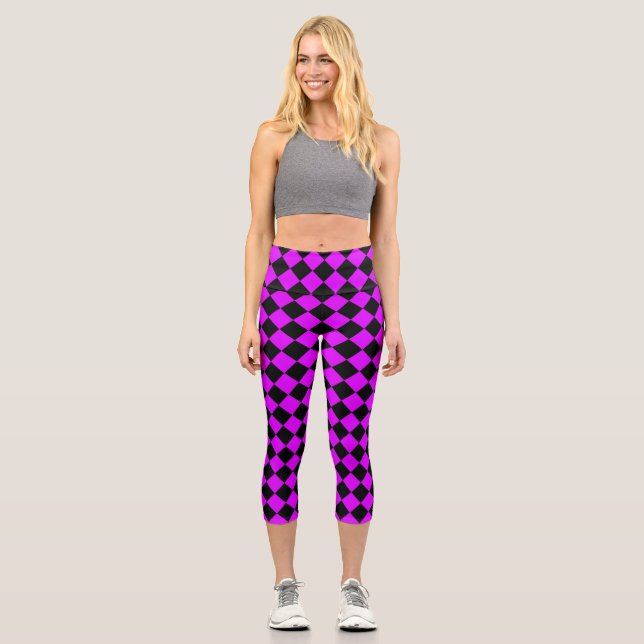 Purple Black Chequered Diamond Pattern Capri Leggings (Front)