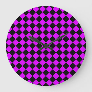 Purple Black Chequered Diamond Pattern Large Clock