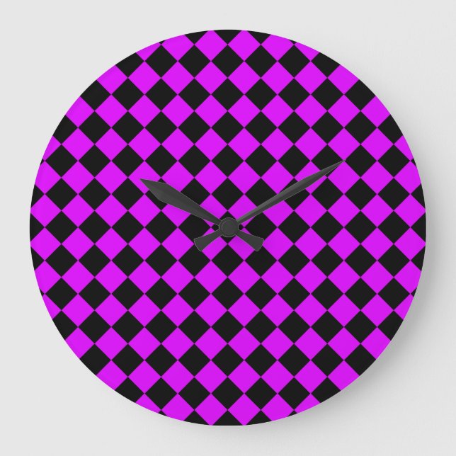 Purple Black Chequered Diamond Pattern Large Clock (Front)