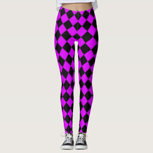 Purple Black Chequered Diamond Pattern Leggings