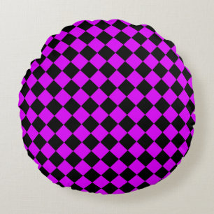 Purple Black Chequered Diamond Pattern Round Cushion