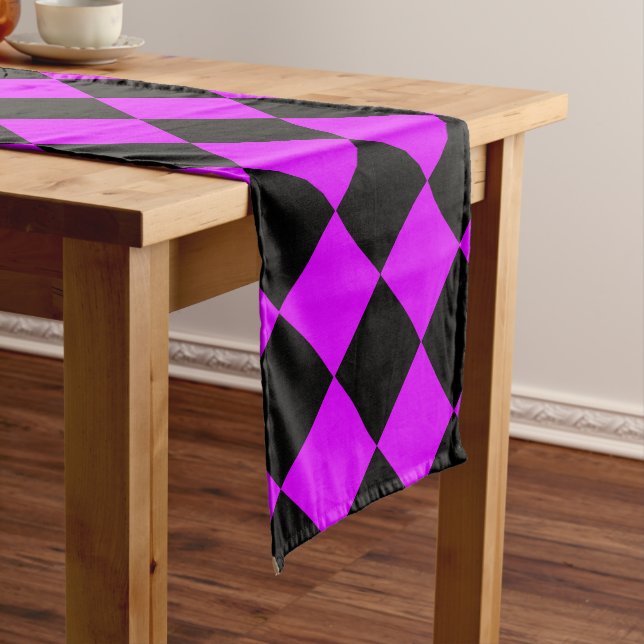 Purple Black Chequered Diamond Pattern Short Table Runner (In Situ)