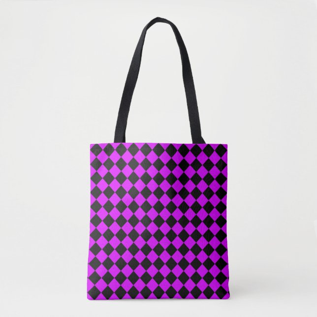 Purple Black Chequered Diamond Pattern Tote Bag (Front)