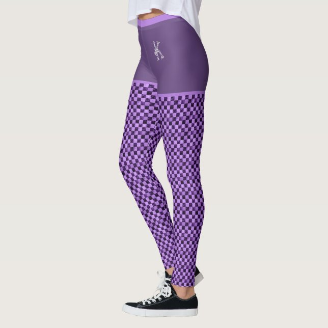 Purple Black Chequered Pattern Monogram Customised Leggings (Left)