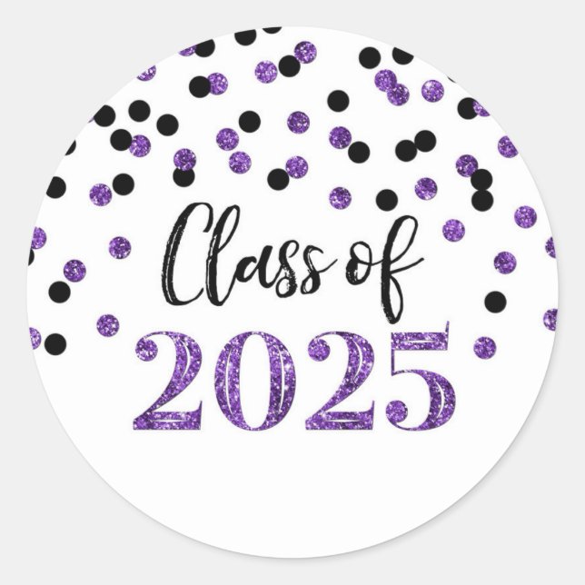 Purple Black Confetti Graduation 2025 Classic Round Sticker (Front)