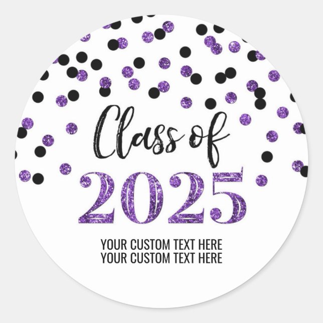 Purple Black Confetti Graduation 2025 Classic Round Sticker (Front)