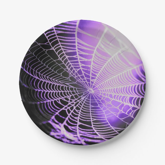 Purple Black Creepy Spooky Spider Web Paper Plate (Front)