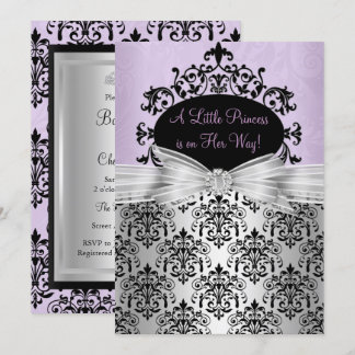 Purple Black Damask Baby Shower Invitation