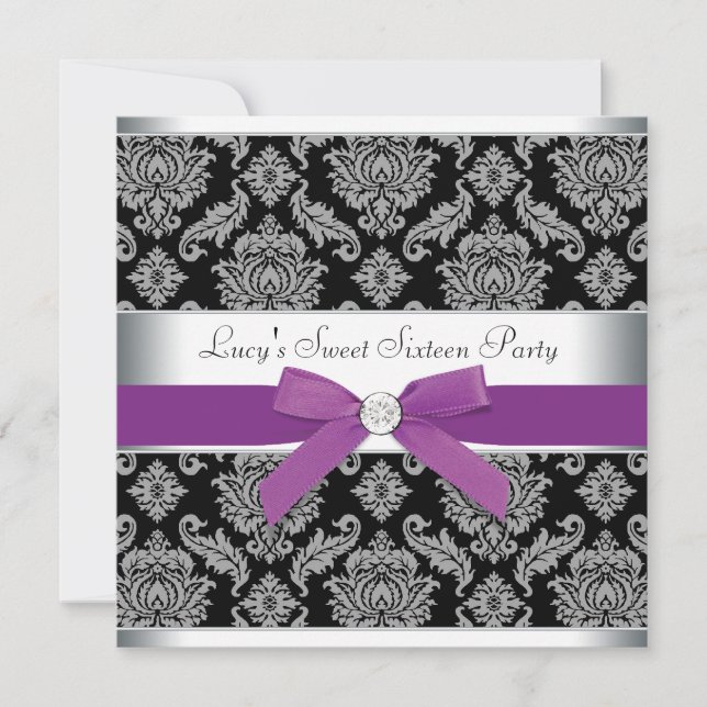 Purple Black Damask Birthday Party Invitation (Front)