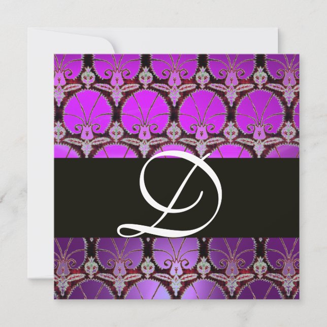 PURPLE BLACK  DAMASK CARNATIONS MONOGRAM INVITATION (Front)
