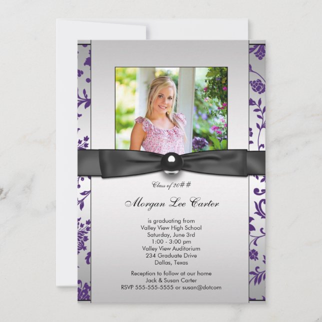 Purple Black Damask Girls Photo Graduation Invitation (Front)