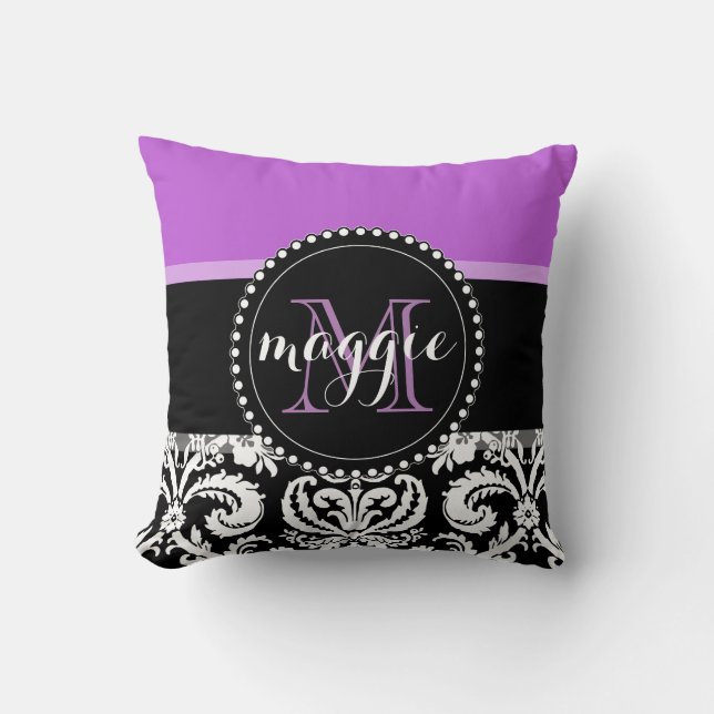 Purple Black Damask Girly Monogram Cushion (Front)