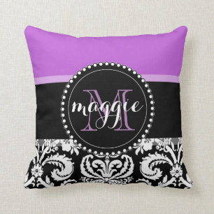 Purple Black Damask Girly Monogram Cushion