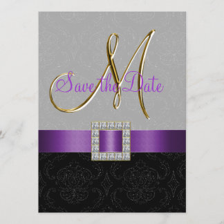 Purple Black Damask Gold Initial Save the Date