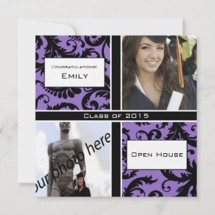Purple & Black Damask  Graduation Invitation