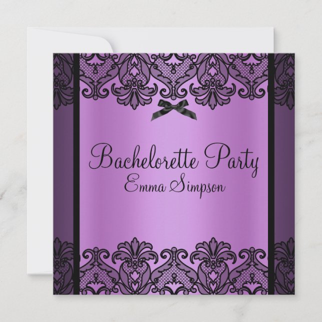Purple & Black Damask Lace Bachelorette Invite (Front)