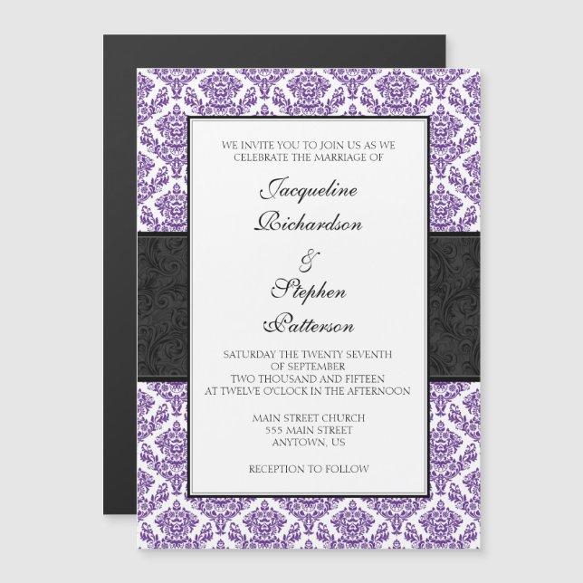 Purple Black Damask Magnetic Wedding Invites (Front/Back)