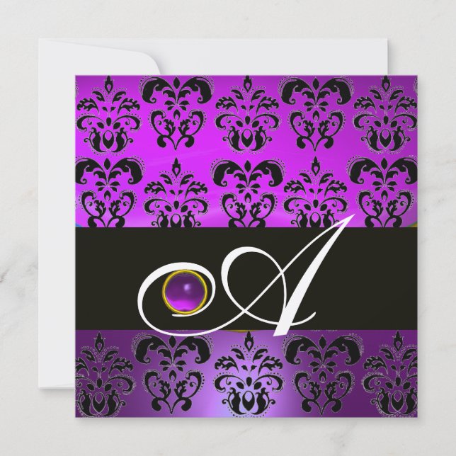PURPLE BLACK DAMASK MONOGRAM AMETHYST GOLD METAL INVITATION (Front)
