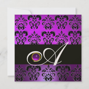 PURPLE BLACK DAMASK MONOGRAM AMETHYST GOLD METAL INVITATION
