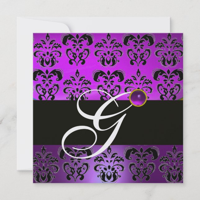 PURPLE BLACK DAMASK MONOGRAM AMETHYST WHITE ICE INVITATION (Front)