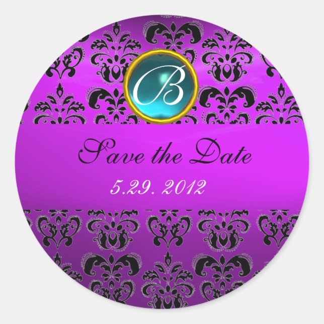 PURPLE  BLACK DAMASK MONOGRAM , blue turquase, Classic Round Sticker (Front)